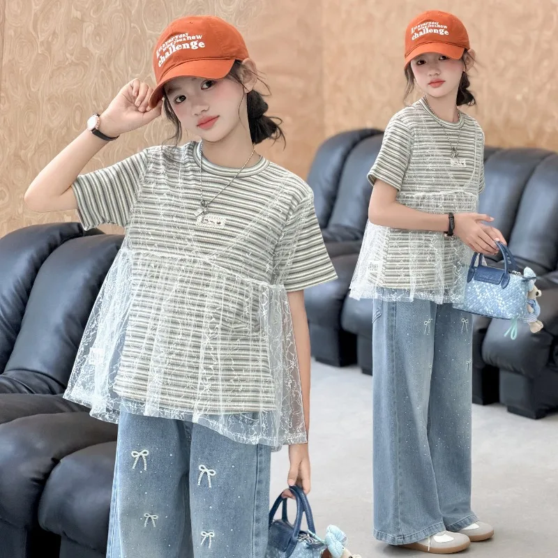 

Children Clothes Girls Summer 2026 Striped T Shirt with Mesh Vest and Bow Rhinestone Wide Leg Jeans Sweet Cute