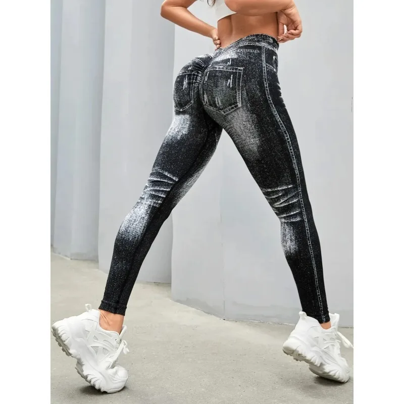 Women's Gym Printed Yoga Tight Pants Seamless High Waisted Denim-like Perforated Fake Pocket Tight Pants Yoga Fitness Leggings
