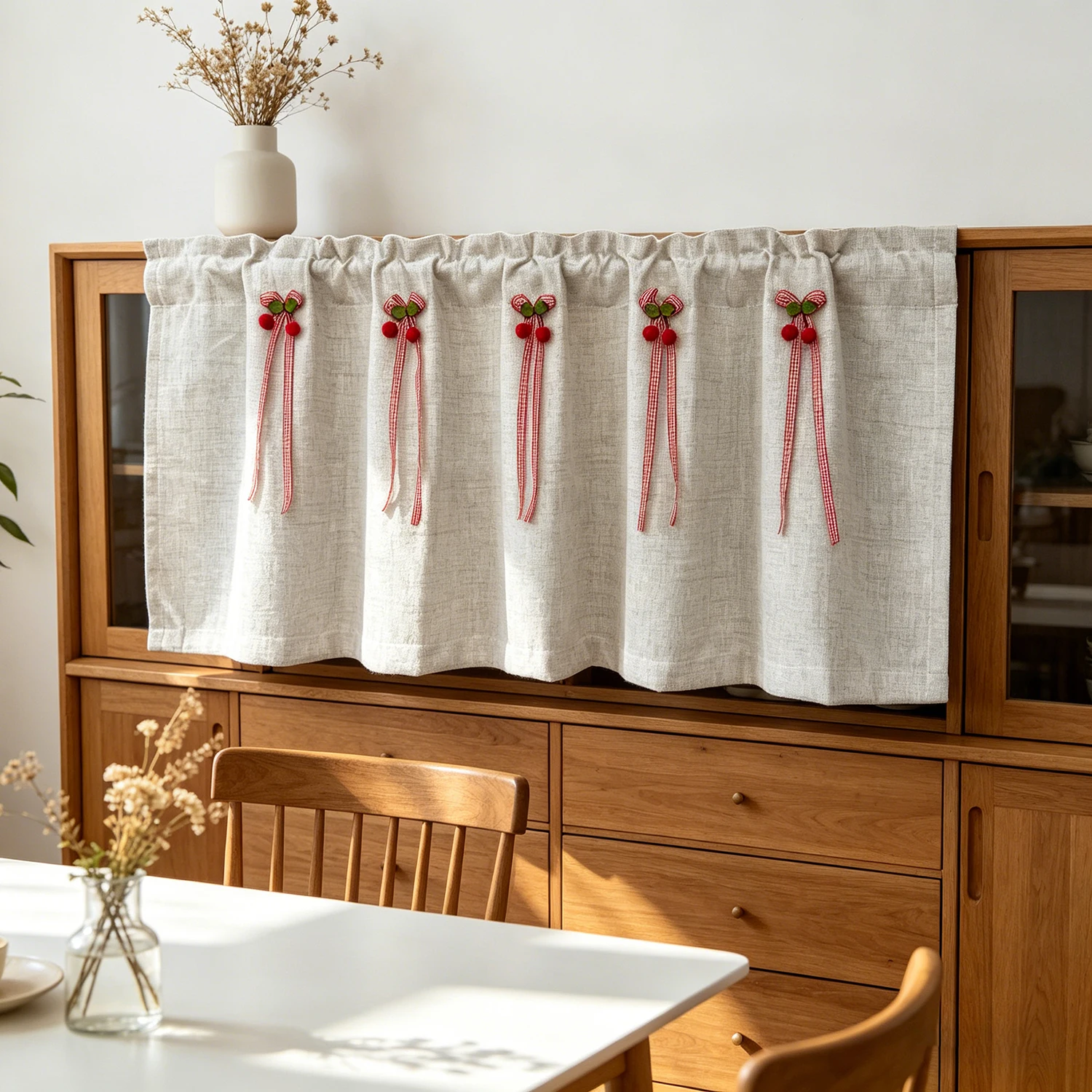 

Rustic Faux Linen Cabinet Curtain with Cute Cherry Bows，for Kitchen French Country Home Decor, Rod Pocket Cafe Cortains