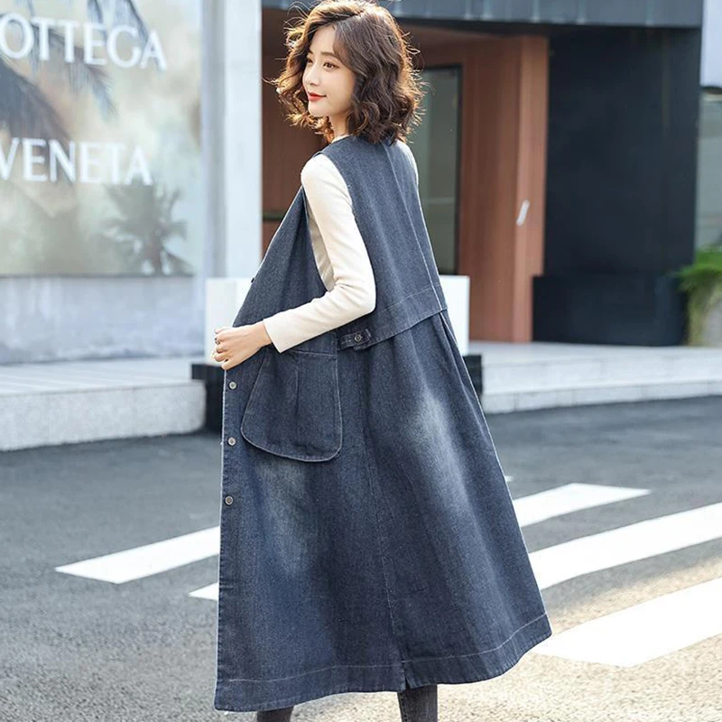 New Women Korean Denim Vest Coat Autumn Long Hooded Waistcoats Female Casual Sleeveless Jeans Vests Button Loose Vintage 100KG