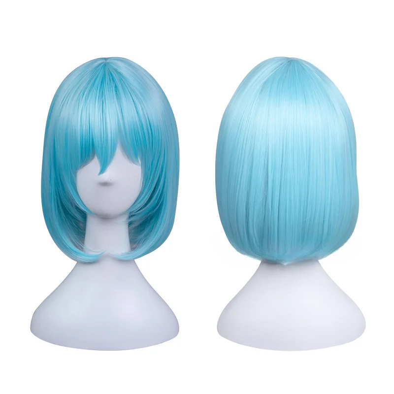 OIRHOUプロジェクト女性用の青いかつら、短い巻き毛、耐熱性、人工毛、コスチュームギフトウィッグ