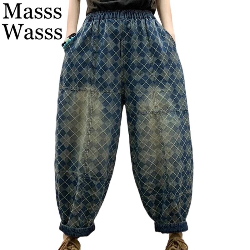 

Mass Wasss 2025 женские осенние свободные модные клетчатые шаровары женские классические джинсовые брюки с эластичной резинкой на талии винтажные джинсы с принтом