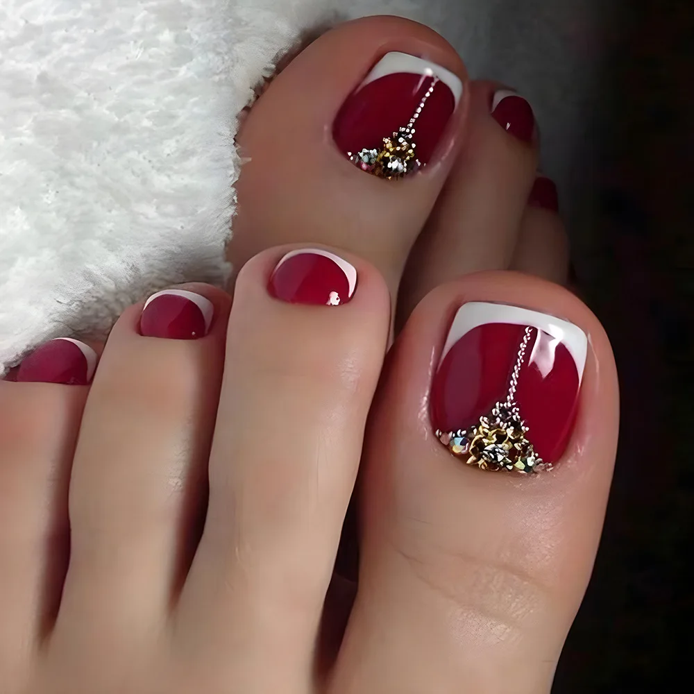 

24Pcs Short Square Head False Toenails Press on White French Full Cover Nails Tips Art Rhinestone Wearable Artificial Fake Nails