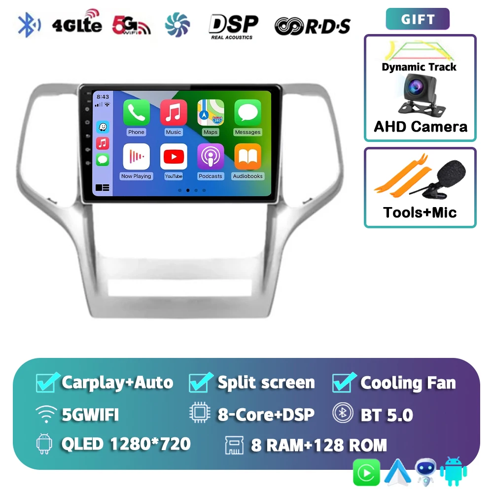 Android 15 voor Jeep Grand Cherokee 2008 2009 2010 2011 2012 2013 QLED scherm autoradio multimediasysteem Carplay Auto navigatie