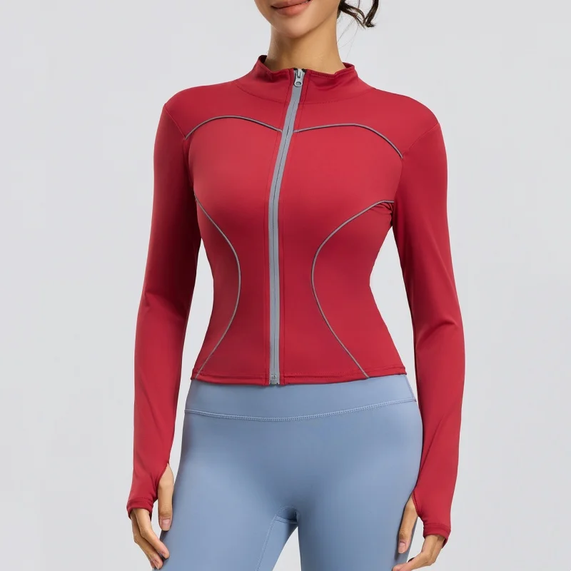 

Reflective Strip Design Sports Tight Jacket Outdoor Casual Running Jacket Stand Collar Windproof Yoga Jacket Female Finger Cuff