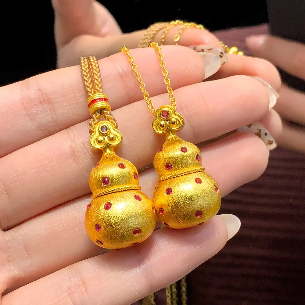 Draw wire point drill wave point wishful calabash necklace female retro style Fu Lu 9999gold