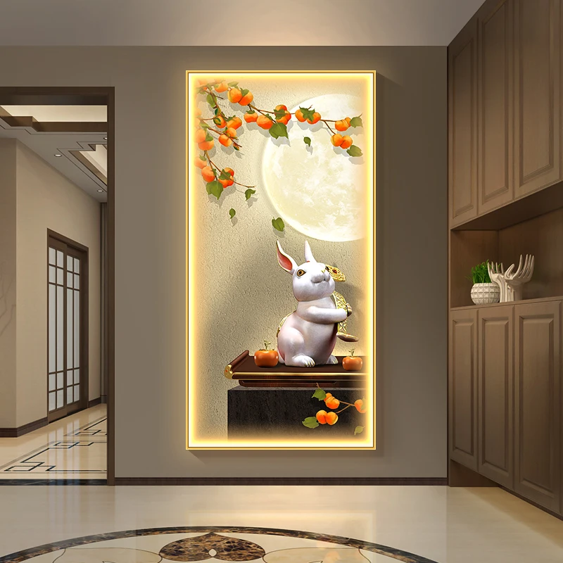 Persimmon Entrance Decoration Painting Corridor Hanging Painting With Light New Chinese Style Rabbit Entrance Vertical Mural Led