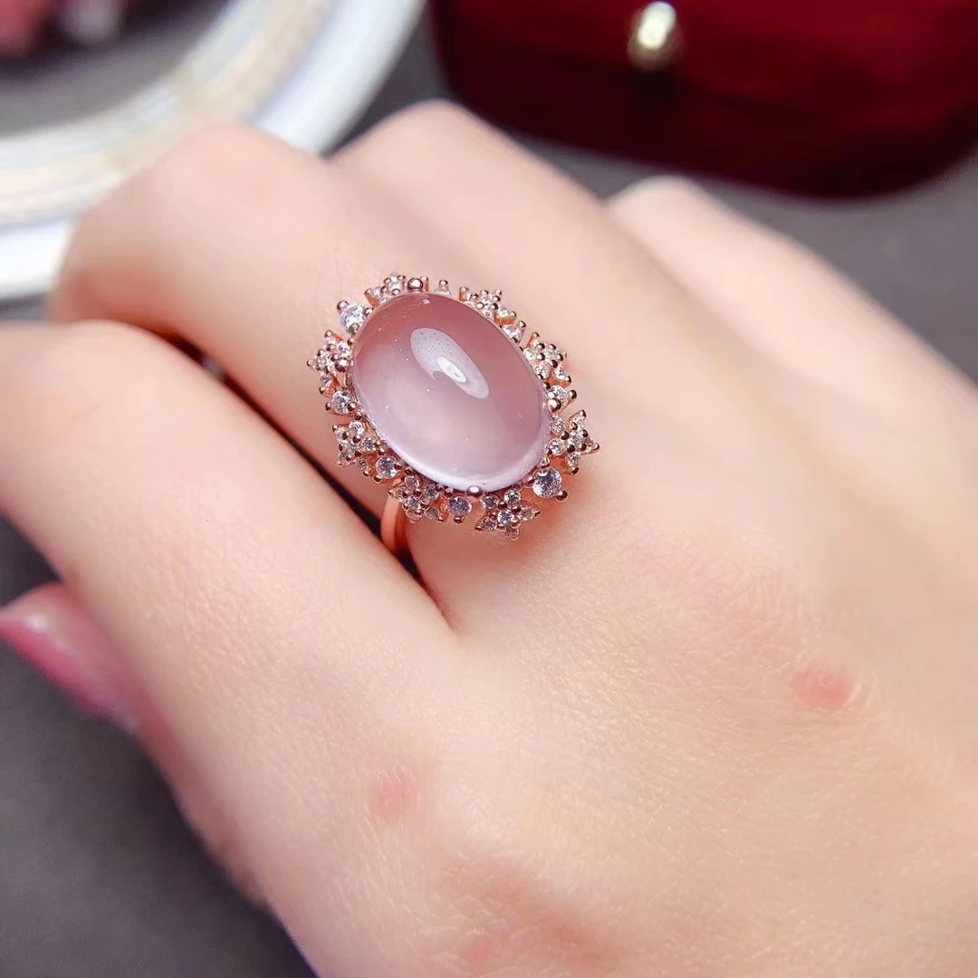 Fashion Big Gemstone Ring for Party 8ct 10mm*14mm 100% Natural Rose Quartz Silver Ring Solid 925 Silver Quartz Ring