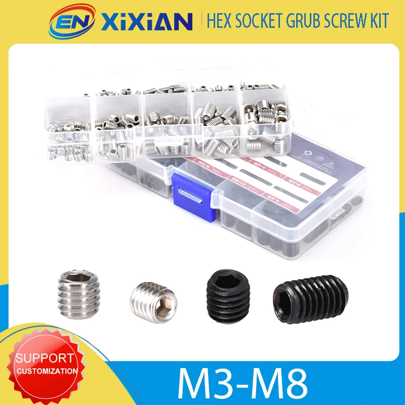 M3-M8 330Pcs DIN916 Stainless Steel And 200Pcs Grade 12.9 Black Hexagon Socket Allen Cup Point  Flat  End Grub Bolt Kit Screw