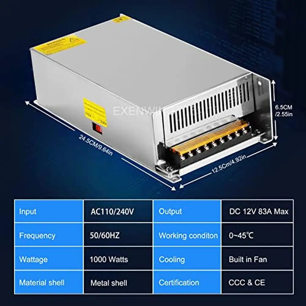 12V 83Amp 1000Watt SMPS AC 110V 220V to DC 12V Voltage Regulated Transformer Converter with Cooling Fan and Smart Chip Suitable