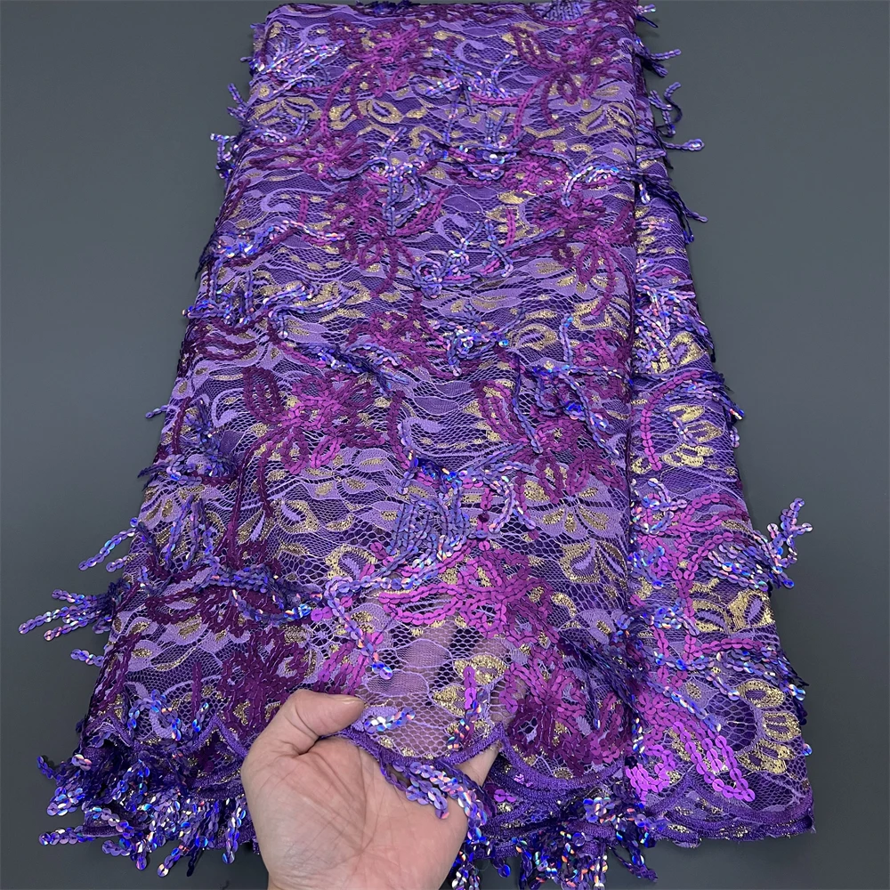 2025 High Quality African Nigerian With Tulle Lace Fabric Sequins Embroidery Dresses Beads Sewing Guipure Prom  5Yards PS0072