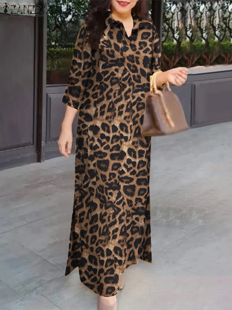 

ZANZEA Women Leopard Print Shirt Dress Casual 3/4 Sleeve Lapel Hem-Slit Long Dress 2025 Spring Commute Daily Loose Maxi Vestidos