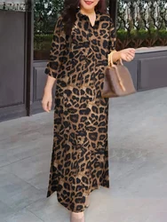 ZANZEA Womens Long Dresses Leopard Printed 3/4 Sleeve Collared Maxi Robes Commuting Day Wear Side Slit Vestidos 2025 Spring Fall