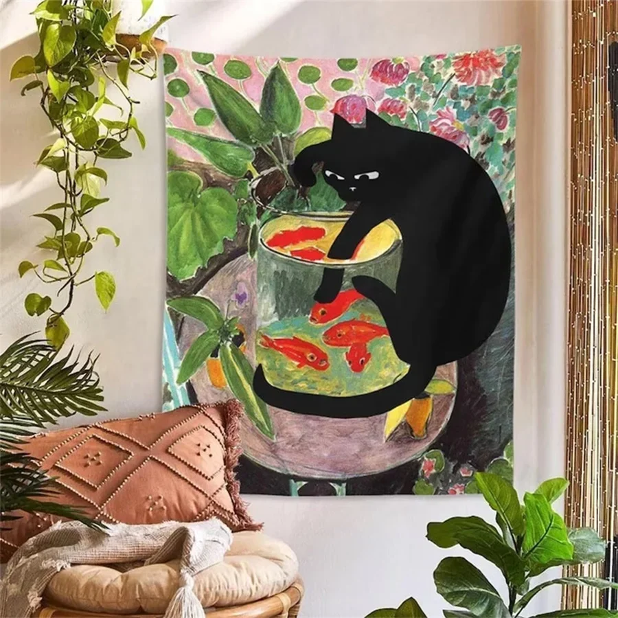 

1pc Tapestry Wall Hanging Cat & Goldfish Aesthetic Room Decor Tropical Plants Art Painting Print Dorm Bedroom Gift 180X320CM