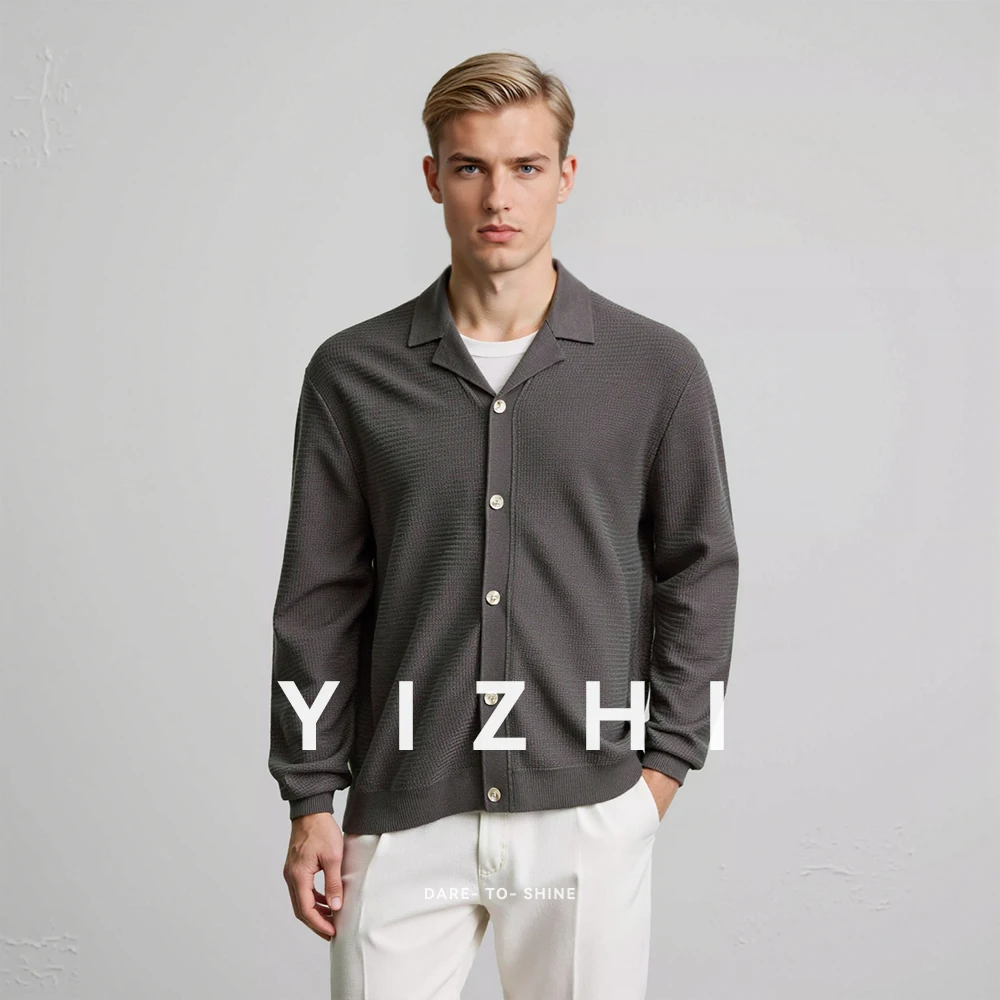 Men's Fashion Solid Color Lapel Long-sleeved Polo Shirt Fall New Casual Button Lapel Knit Cardigans Men Vintage Knitted Coat
