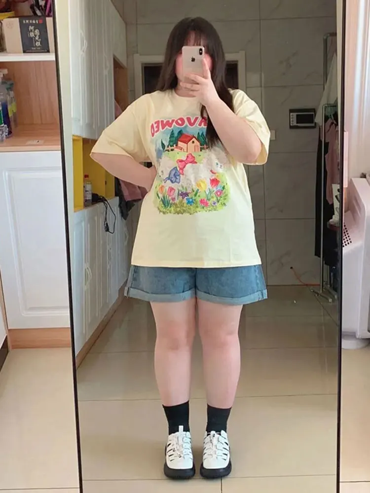 

Plus Size plus Size Women's Denim orts Summer Pants ape Body Conceal Meat Slimming Five Parts High Waist Loose Fit Casual Wear