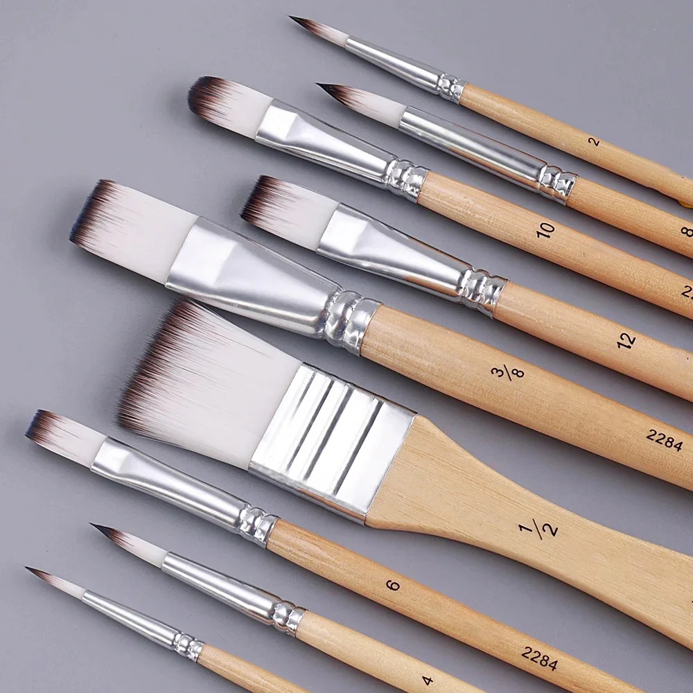 Beginner Brush Set - 9pcs Nylon Hair for Canvas Watercolor Acrylic Oil Painting, Artist Painting Tools