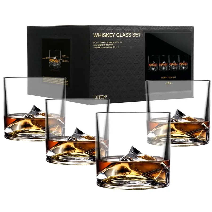 

Mount Everest Heavy Crystal Whiskey Glasses Gift Set of 4, Thick Freezable Bourbon Glass 1lb Each, Premium Whiskey Gifts for Men