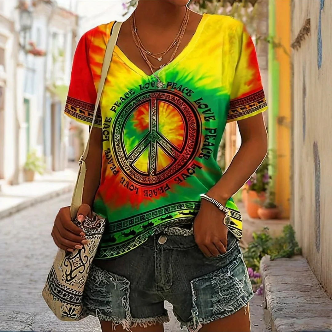 

Women's T-shirt Summer Outdoor V-neck Tops Short Sleeve Colorful Printed Patterns Big OverSize Loose Women's Clothing Versatile