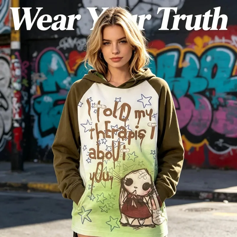 Punk Y2K Subculture Loose Sweatshirt Unisex Cartoon Graffiti Raglan Long Sleeve Streetwear Top Casual Hip‑Hop Party Outfit Gift