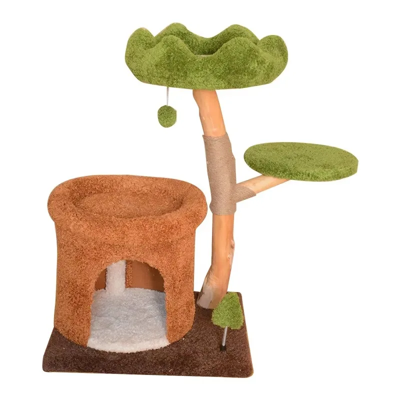 Solid Wood Cat Tree & Scratcher Integrated Large Cat House & Jumping Platform Special Cat Climbing Post with Frame and Hole