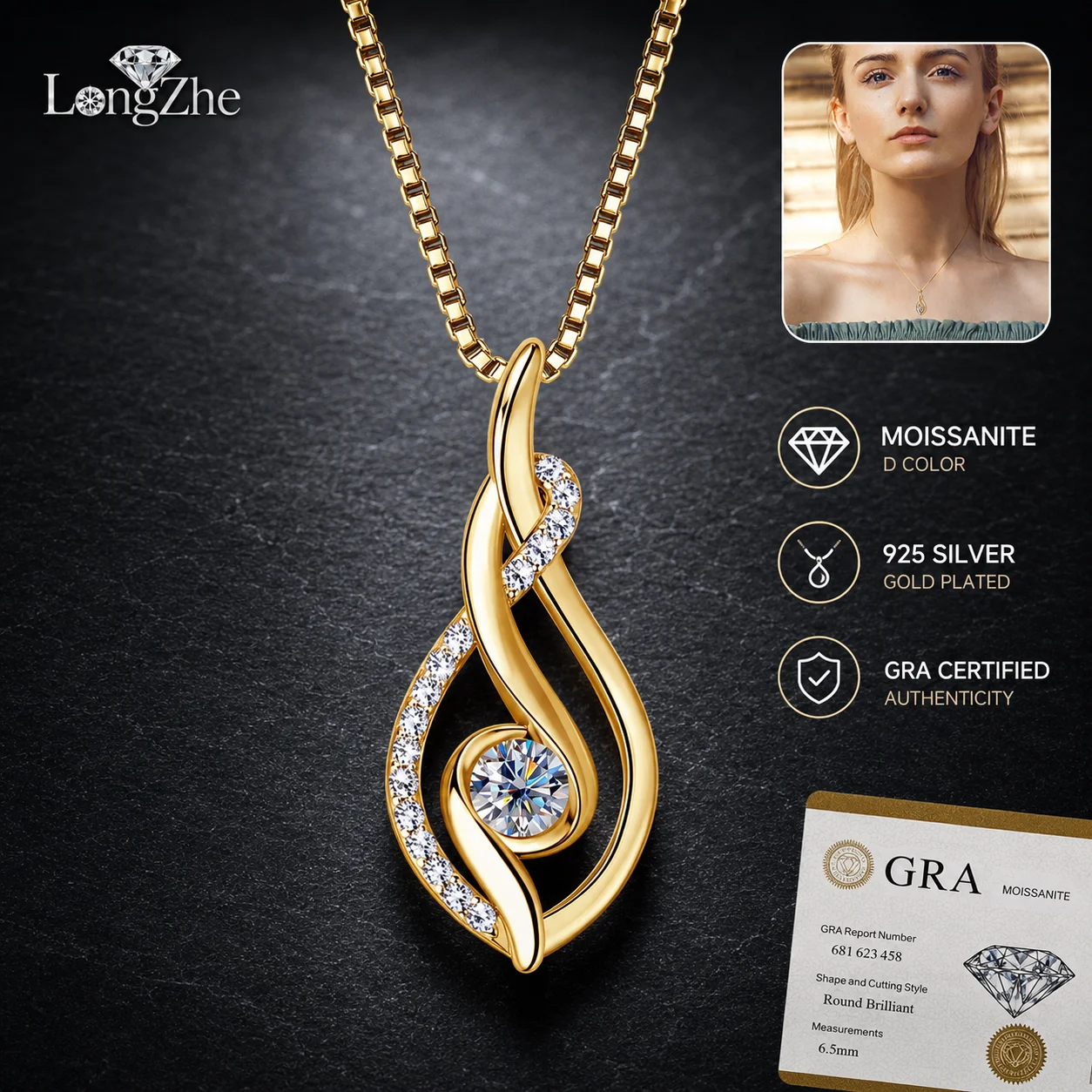 

LongZhe 925 Sterling Silver Moissanite Pendants Necklace For Women Heart Design Gold White Color Jewelry Gift GRA Certificate