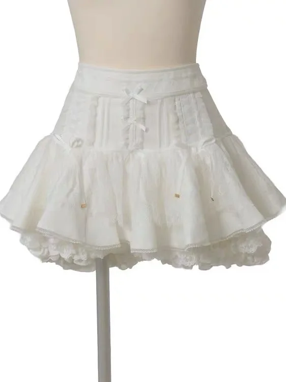 Cute LIZ Lolita Skirt Birthday Gift Sweet Tulle Cake Skirt Pumpkin Shape Loose Fit Embroidered Ruffle Belted Asymmetric Polye...