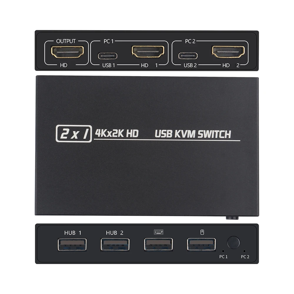 Caja de interruptor KVM compatible con HDMI, 2 en 1, 4K, 2 puertos USB, para compartir teclado, ratón, impresora, pantalla de vídeo, divisor Swltch USB