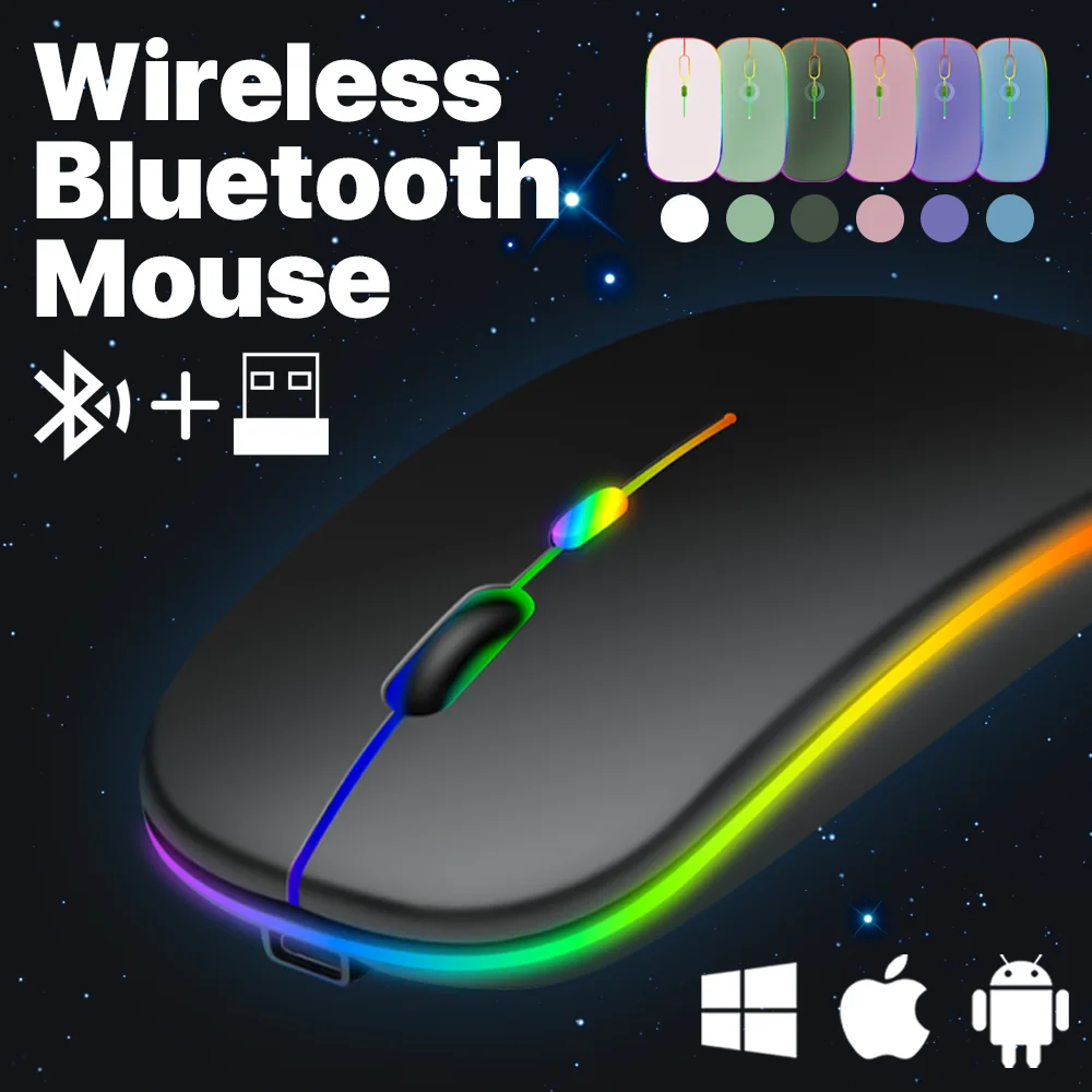 Mouse Bluetooth nirkabel untuk ponsel iPhone, iPad, Xiaomi SamSung, Mouse nirkabel, 2.4G, USB untuk komputer, Laptop, lampu belakang