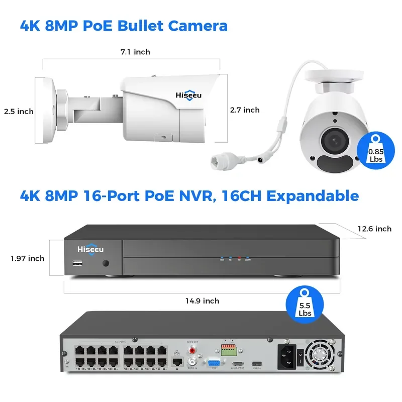 for 4K 8MP  Outdoor Security Camera System 16 Channel Cable  Camera Kit with Night Vision and Motion Detection