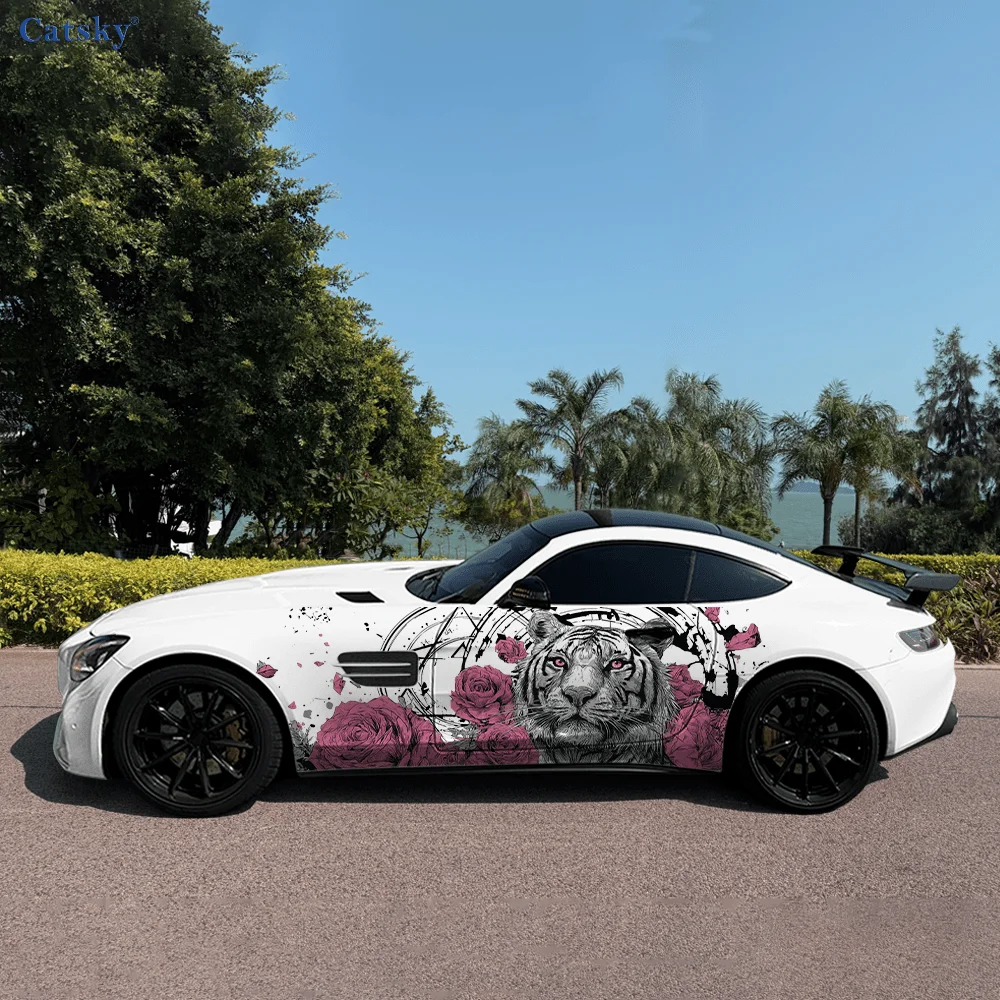 

Белые тигры, красочные розы, боковая наклейка для автомобиля, водонепроницаемая, устойчивая к царапинам наклейка из ПВХ, защита автомобиля, автоаксессуары в подарок