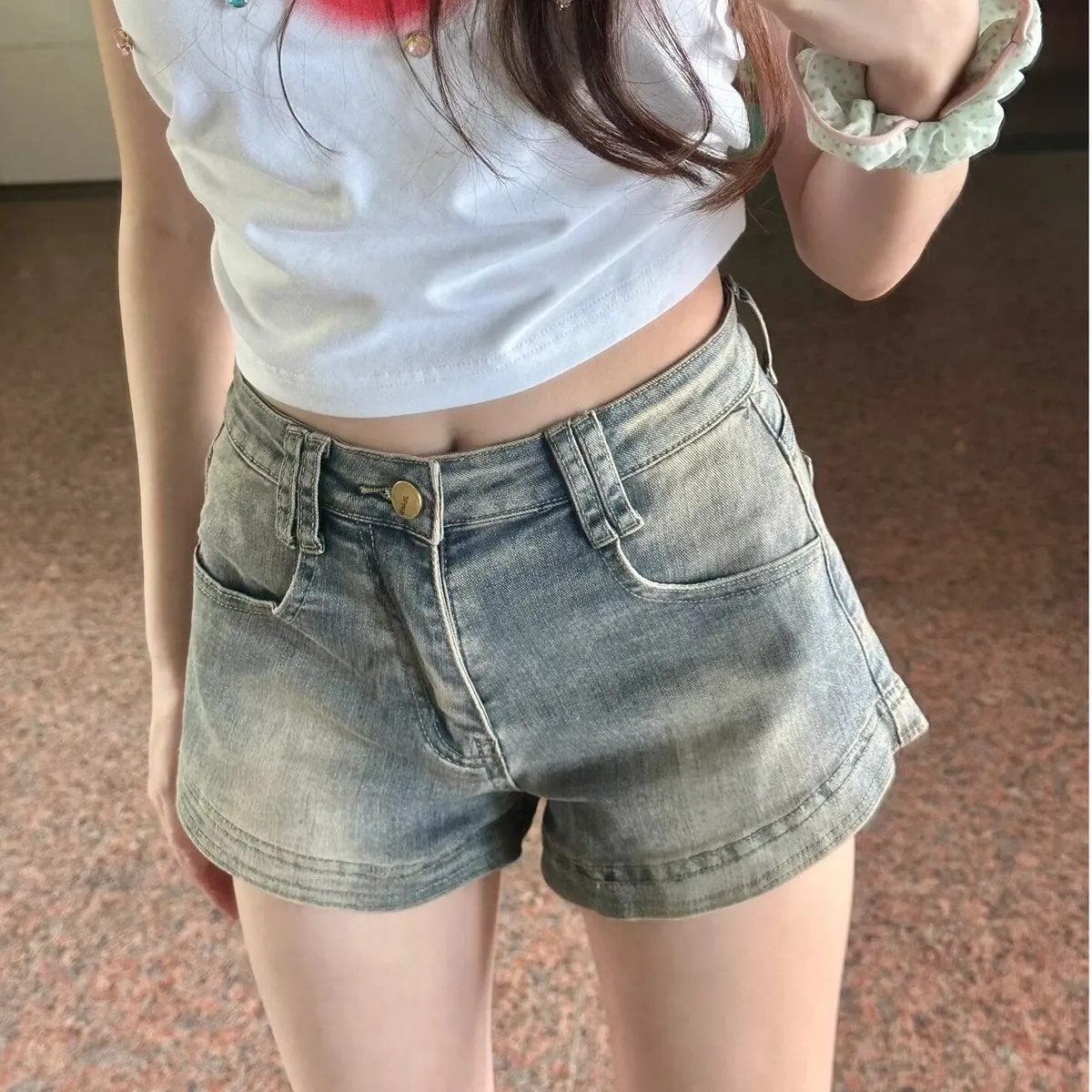 orts Vaqueros Retro Americanos para Mujer, Verano, Deados, Cintura Alta, Ajustados, Elásticos, Corte en A, Super Cortos, ...