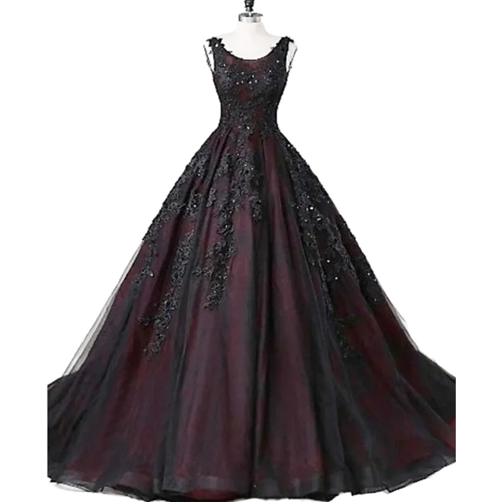 Cổ Điển Sang Trọng Burgundy Và Đen Gothic Wedding Dress Bridal Gown Với Corset Vạt Áo Beading 2022 Ren Cô Dâu Trang Phục Chính Thức Mặc