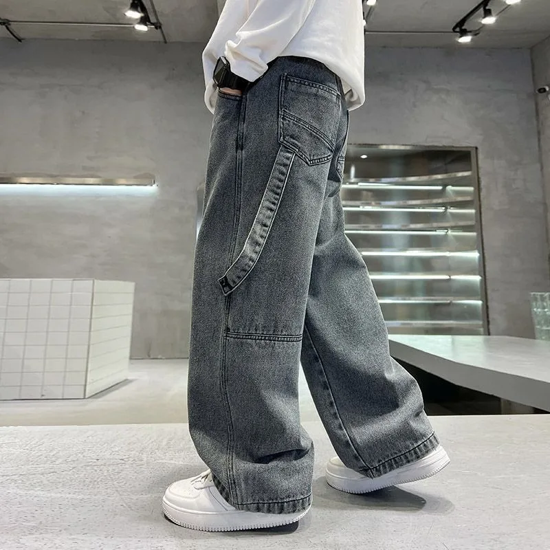 2026 New Boys Cargo Jeans Autumn Winter Fleece Lined Wide Leg Straight Denim Pants Kids Casual Trousers