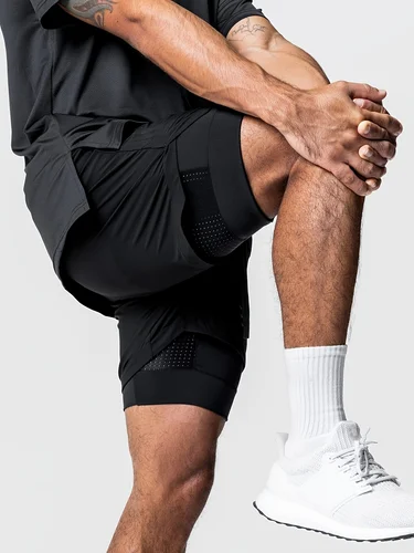 Imagen 2 del producto Pantalones cortos deportivos para hombre, doble capa, secado rápido, baloncesto elástico, equipo de entrenamiento para correr, sentadillas profundas, fitness