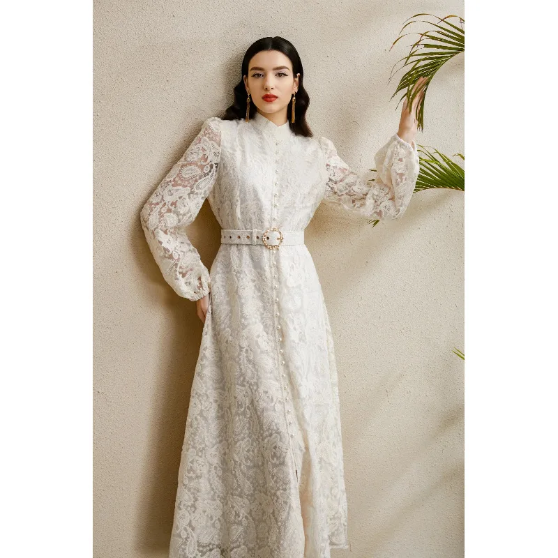 Automne Court Sle dentelle lanterne Sve plissé ourlet large t-shirt broderie florale dimensionnelle taille haute rue Sle Long Dr