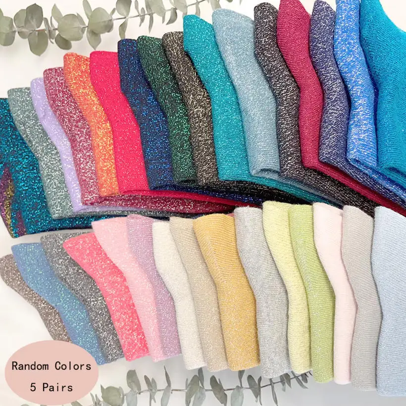 

5 Pairs Random Colorful Colors Fashion Shiny Socks Korean Style Gold Silver Silk Socks Luxury Design High Quality Women's Socks