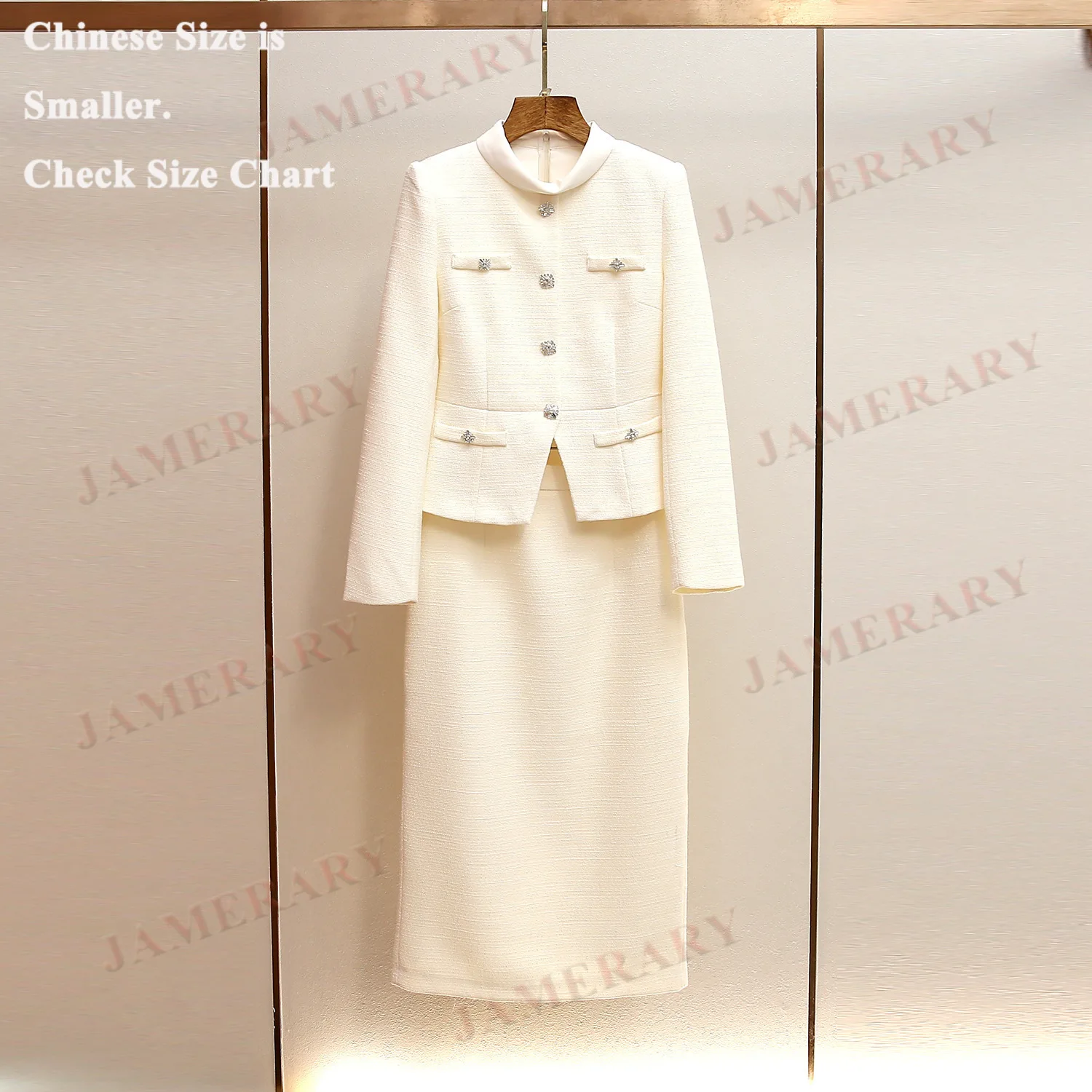 

Брендовый осенний твидовый комплект из двух предметов для женщин, длинные платья, белый однобортный пиджак из бисера, костюм, пальто, миди, длинная юбка-футляр, костюмы