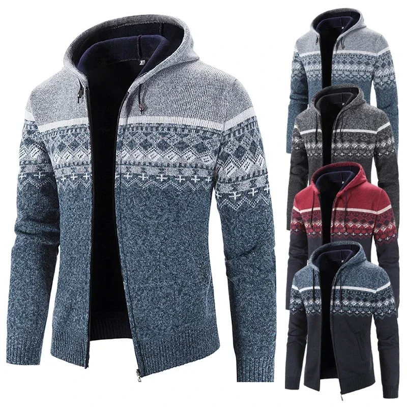 Winter Thicken Jackets for Men Casual Jacquard Weave Sweater Plus Velvet Warm Hooded Coat Fashion Zipper Knitted Cardigan