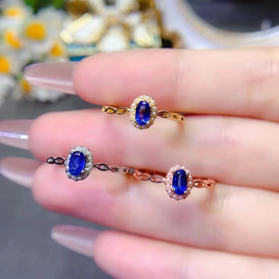 Royal Blue Natural Sapphire Ring for Women 3mm*5mm 0.3ct Sapphire 925 Silver Ring with 18K Gold Plated Gemstone Jewelry