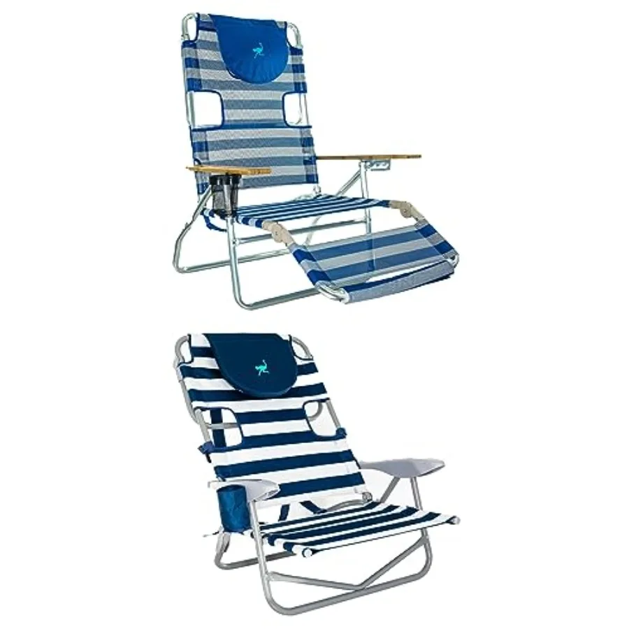 Outdoor beach lounge chair, polyester fabric, striped blue, 5-position recline for on-your-back relaxation