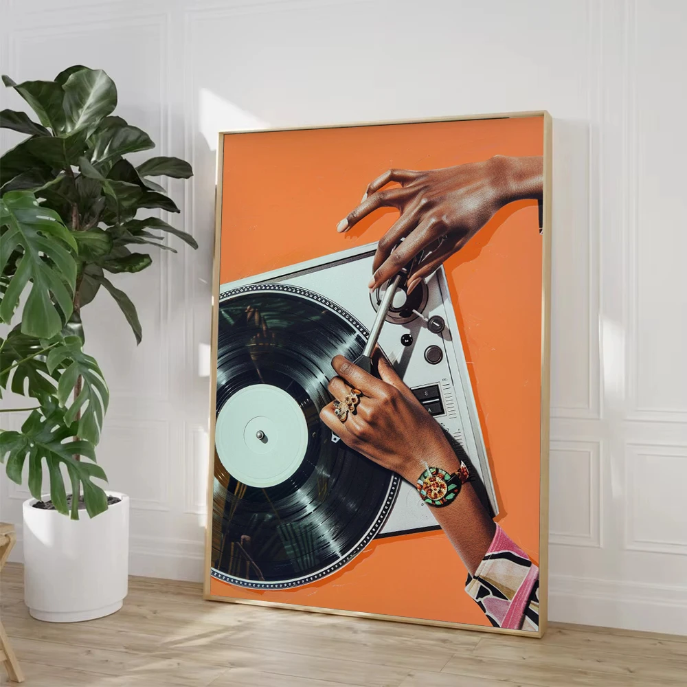 Woman with Vinyl Records Disco Ball Poster Print Wall Art Vintage Music Lover Modern Trendy for Living Room Wall Home Decor