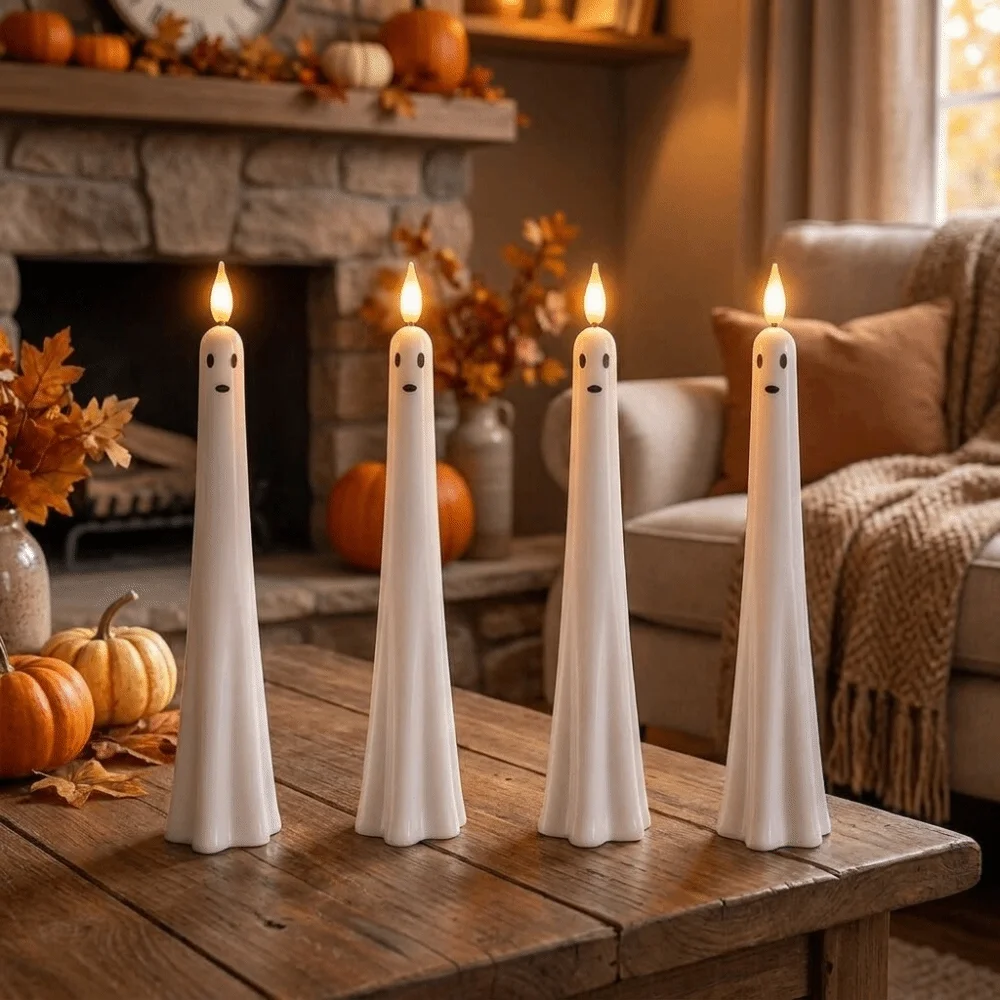 Realistic Flickering Halloween Electronic Candles Spooky Soft Light Ghost LED Candles Light Sensitive Switch Battery Operated