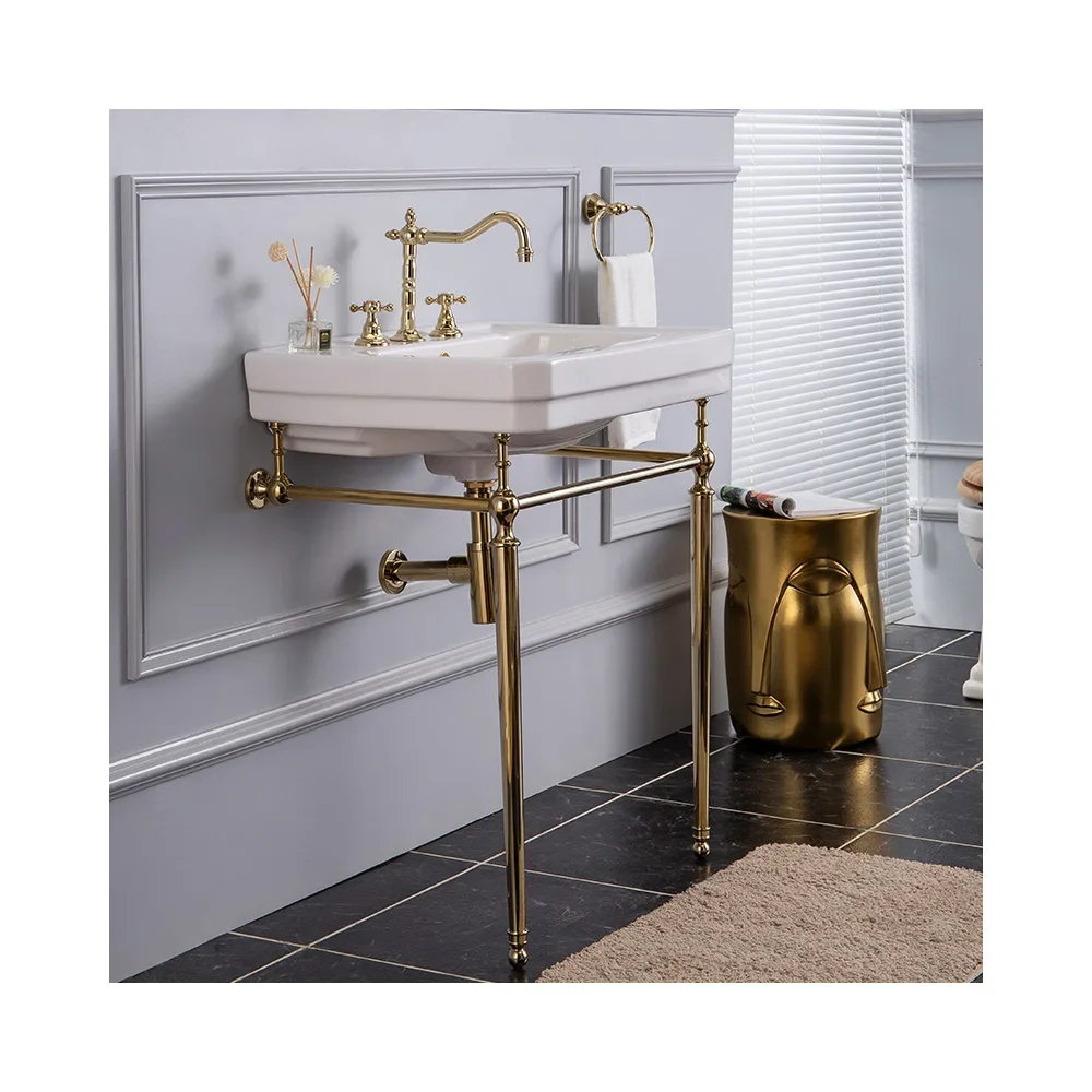 Victorian Brass Gold Vertical Washbasin Set with Bathroom Sink Rack