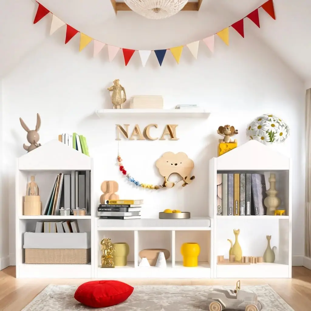 68.9 Inch Kids Bookshelf Reading Nook Toy Storage Organizer Seat Cushion 7 Storage Cubbies Wooden Bookcase Nursery Playroom Whit