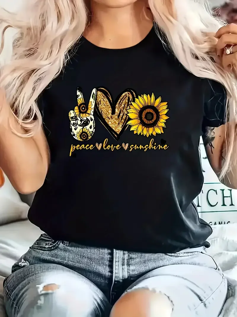 

Love Peace And Sunshine Printed Short Sleeved Casual Women's Fashion Women's Pattern T-shirt Women's Printed Summer T-shirt