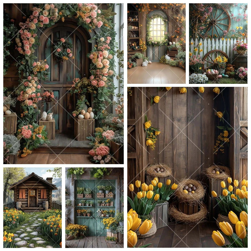 

Wooden House Flower Backdrop Custom Spring Rabbit Egg Easter Party Decor Banner Kid Portrait Photography Background Shoot Studio