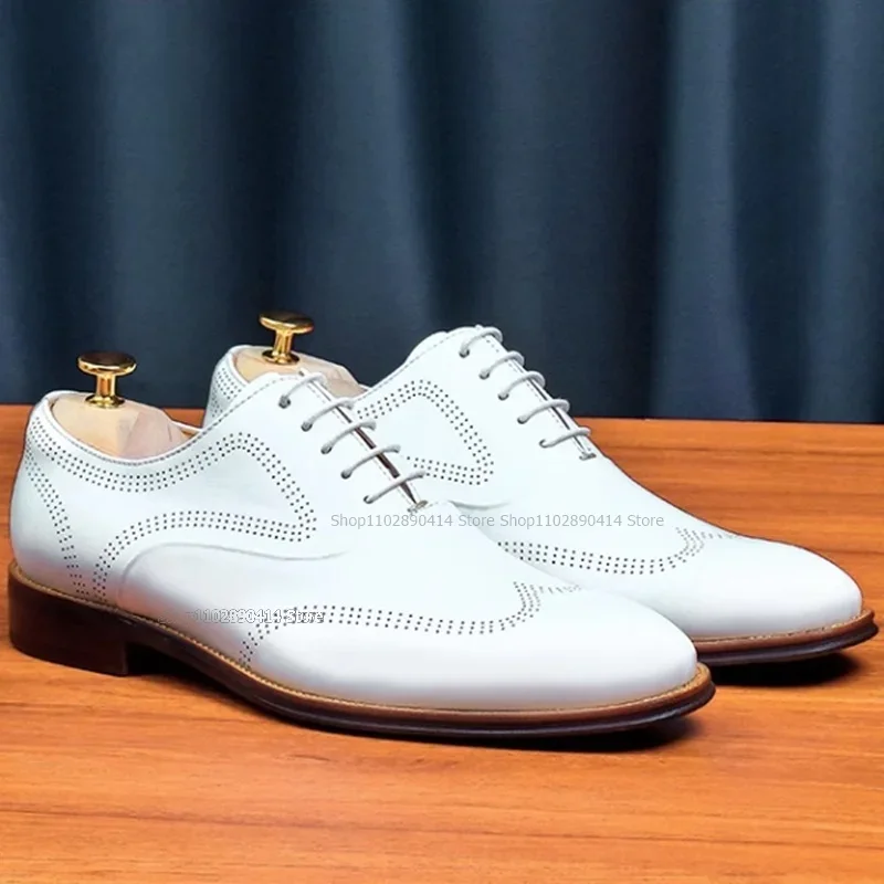 

White Beige Breathable Strappy Men Shoes Fashionable Lace Up Male Shoes Luxurious Handcraft Party Banquet Office Men Dress Shoes