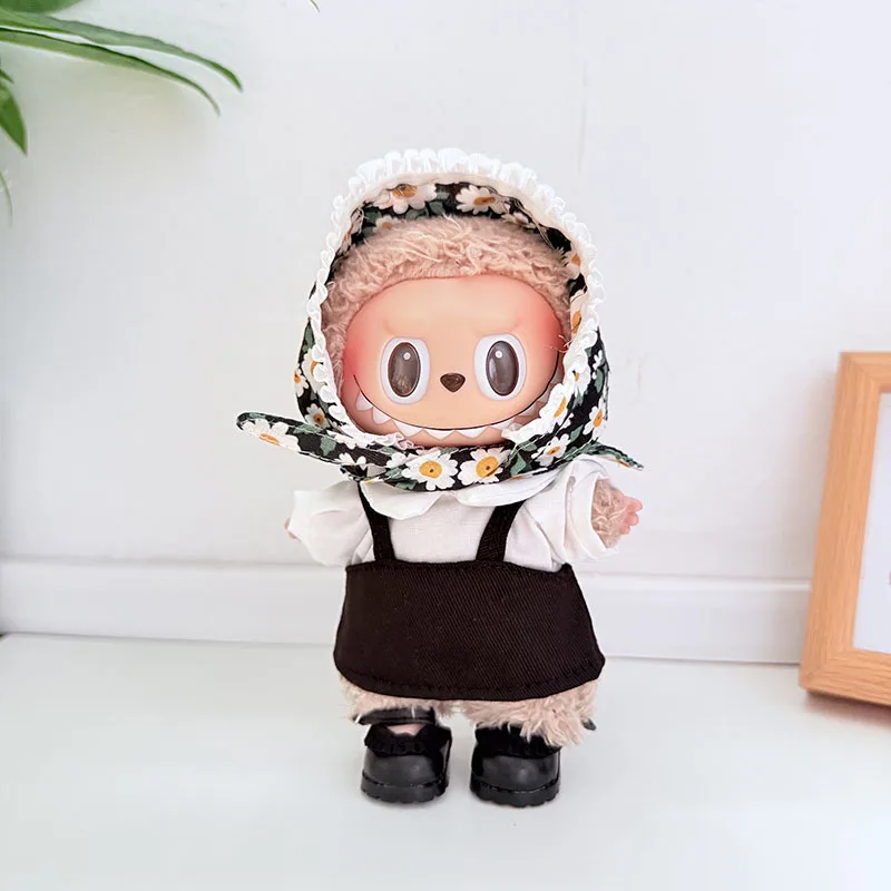 Labubu 1st - 3rd Gen Vintage Floral Outfit Daisy Headscarf & Black Overalls Set For 15/17cm Dolls