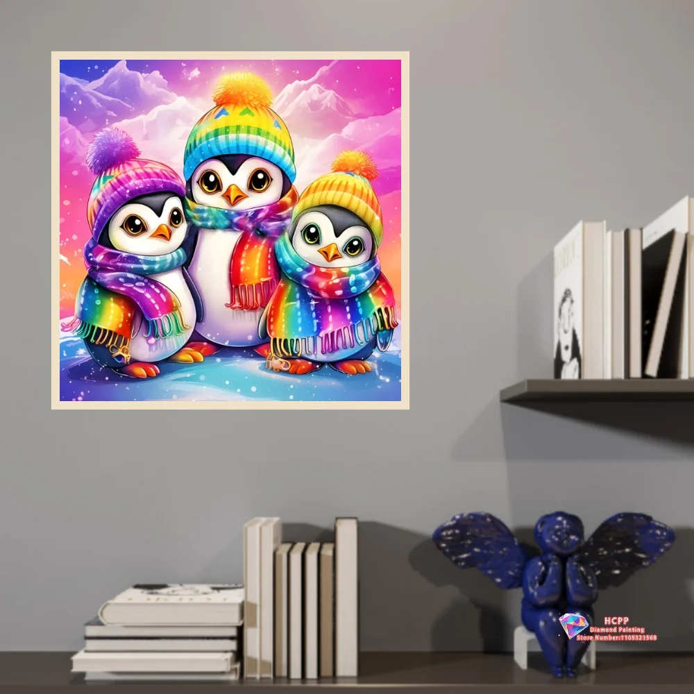 Cute Rainbow Penguins with Hats and Scarves 5D DIY Diamond Painting Set with Square and Round Diamonds Crafts Home Decor Gifts
